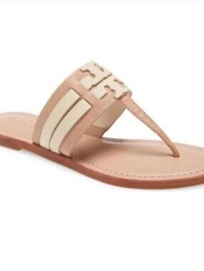 Tory Burch Leigh Leather Sandal Nude Ivory Flat Thong Slide | Size 10‎